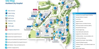 Kort af Auckland sjúkrahús